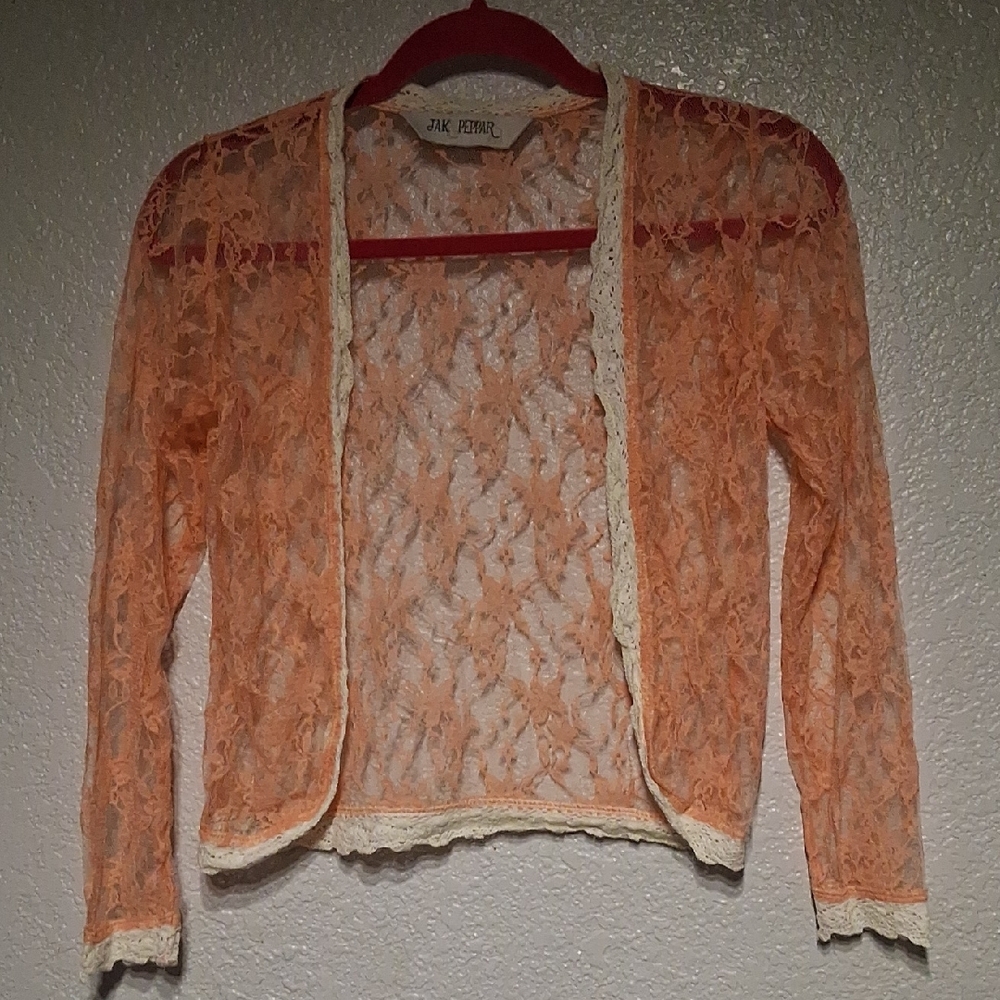 Jak & Peppar Girls' Peach Lace Cardigan with Cream Trim